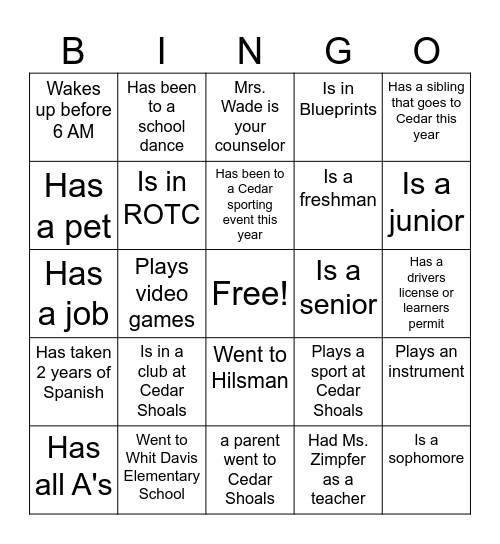 Cedar Bingo Card