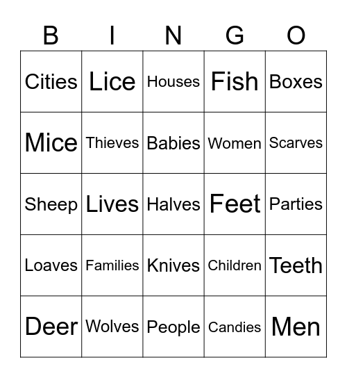 Irregular Plurals Revision! Bingo Card
