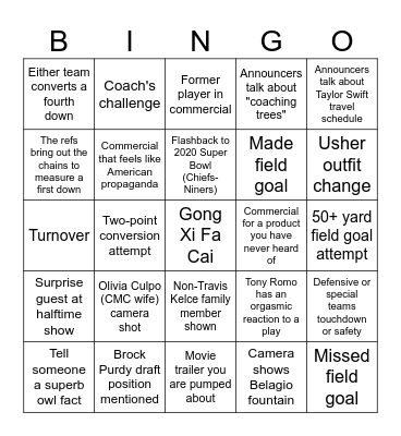 Super Bowl Bingo Card
