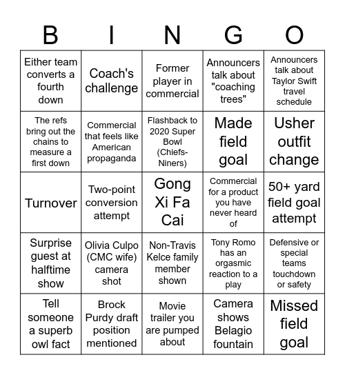 Super Bowl Bingo Card