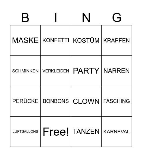 Fasching Bingo Card