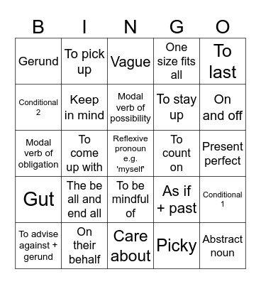English bingo Card
