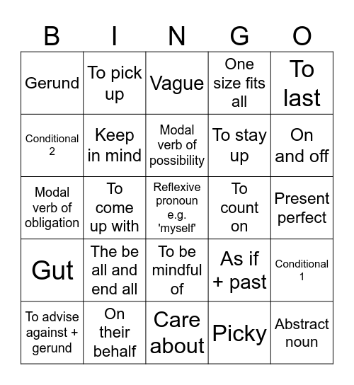 English bingo Card