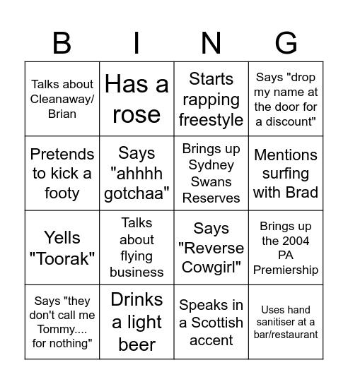 Tommy Toorak's Buck's Bingo Card