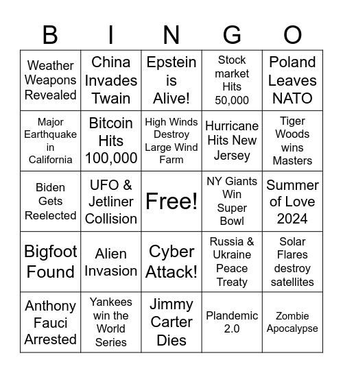 2024: Conspiracy Apocalypse Bingo Card