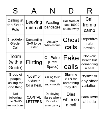 Search and Rescue Bingo (Roblox Expedition Antarctica) Bingo Card