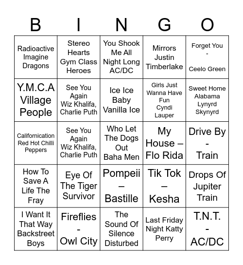Guess the song Bingo Card