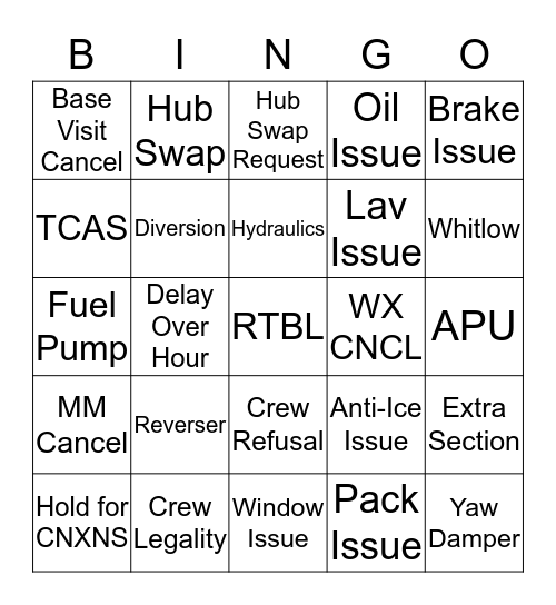 Airbus Bingo Card