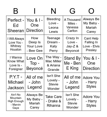 Valentines Music Bingo Card