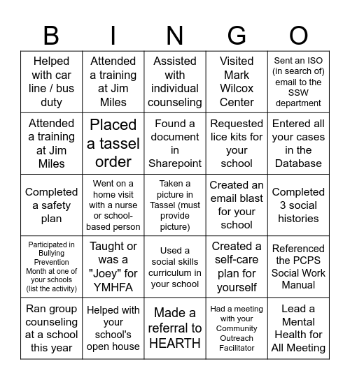 School Social Work Week Bingo Card