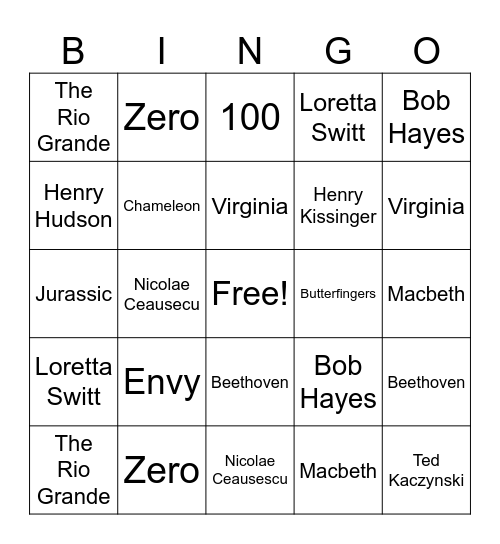 Trivia #1 Bingo Card