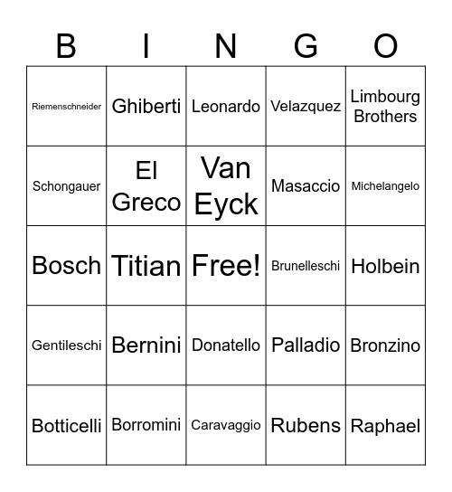 Artist Bingo Card
