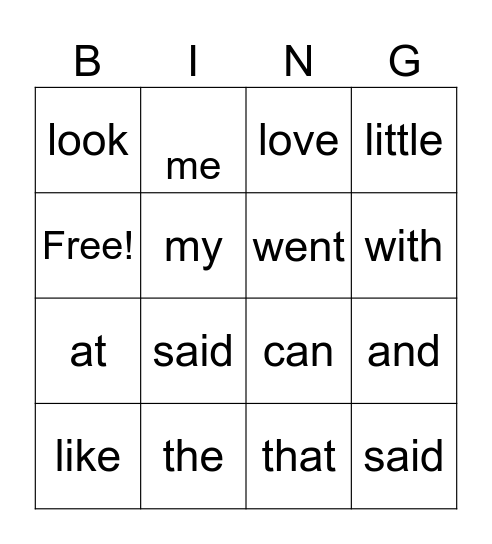 Sight Word Bingo Card