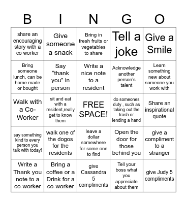 Random Acts of Kindness Bingo Card