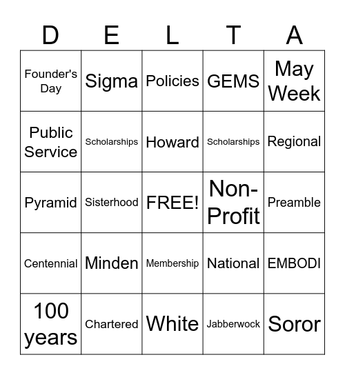Delta Sigma Theta Sorority, Inc. Bingo Card