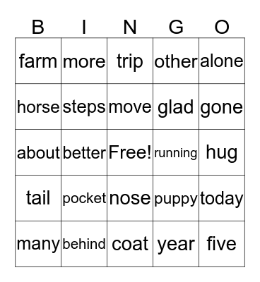 1st Grade Bingo Card
