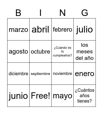 Los meses del año Bingo Card