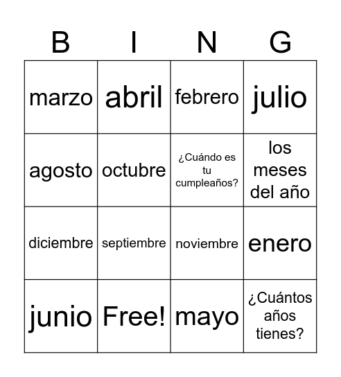 Los meses del año Bingo Card