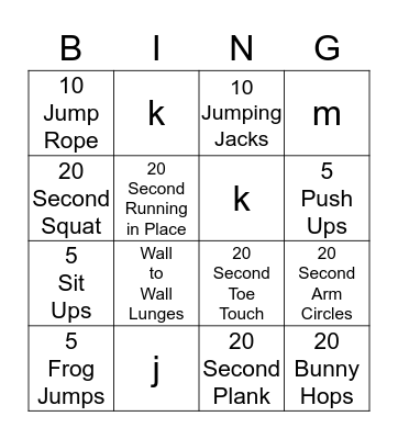 Fitness Bingo Card