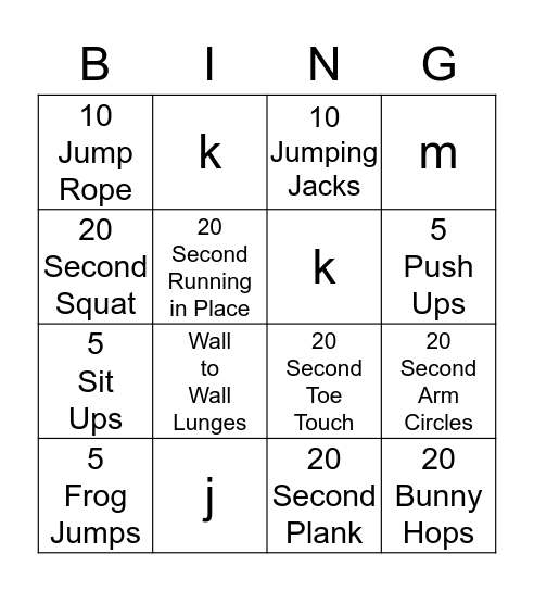 Fitness Bingo Card