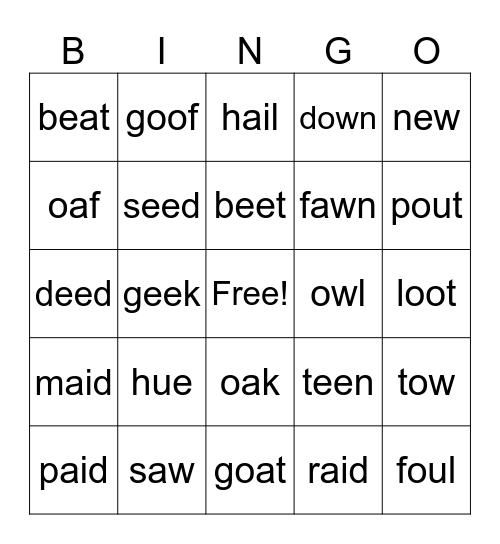 Vowel Teams Bingo Card
