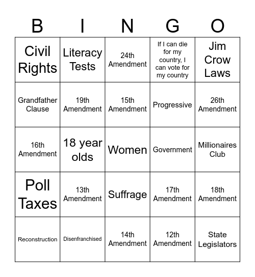 Reconstruction / Progressive / Suffrage Bingo Card