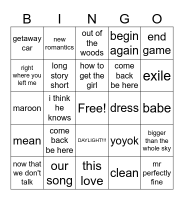 surprise songs Bingo Card