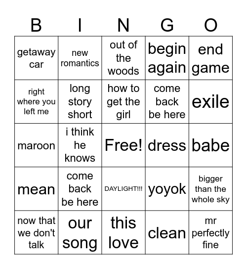 surprise songs Bingo Card