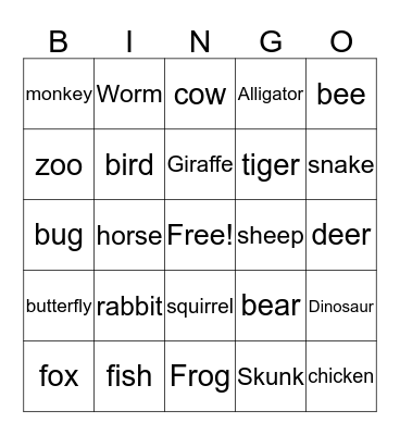 Animals Bingo Card