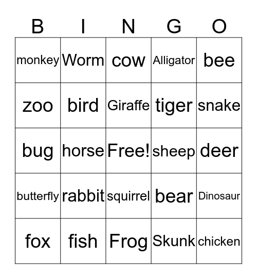 Animals Bingo Card
