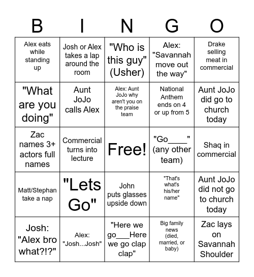 Super Bowl 24 Bingo Card