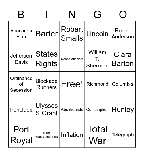 Civil War Bingo Card