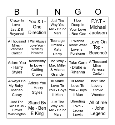 Valentines Music Bingo Card