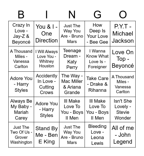 Valentines Music Bingo Card