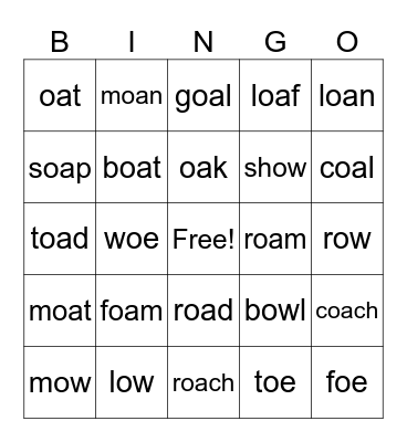 Long O Bingo Card