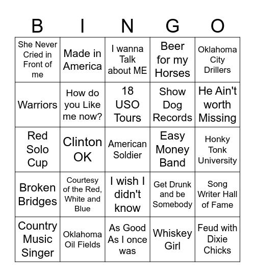 Toby Keith Bingo Card