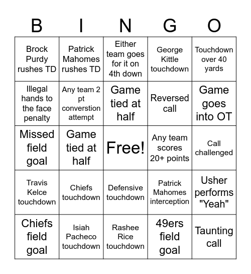 Chiefs vs 49ers! Bingo Card