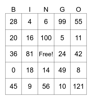 Multiplication Bingo Card