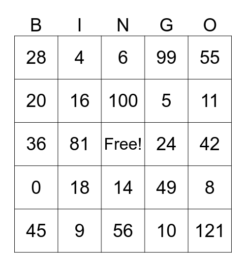 Multiplication Bingo Card