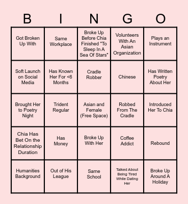Chris' Love Life Bingo Card
