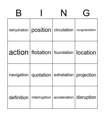 Suffix: -ion, -tion Bingo Card