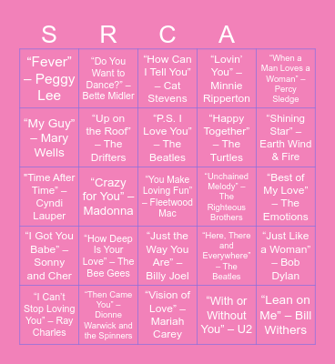 V-day musical bingo Card