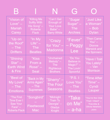 V-day Musical Bingo Card