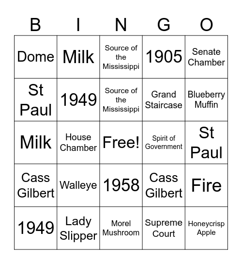 Minnesota State Capital Bingo Card