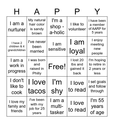 GET TO KNOW ME Bingo Card