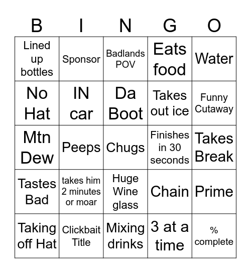Badlands Chugs Bingo Card