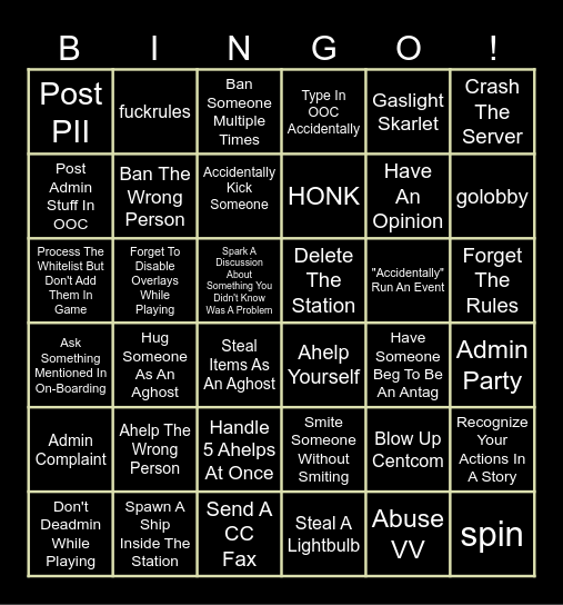 Trialmin Bingo Card