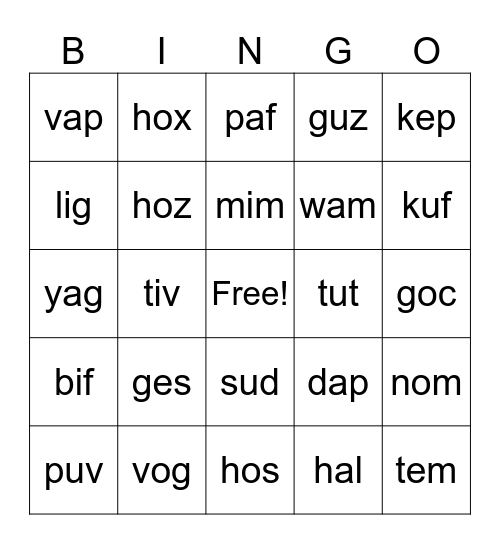 short vowel nonsense words Bingo Card
