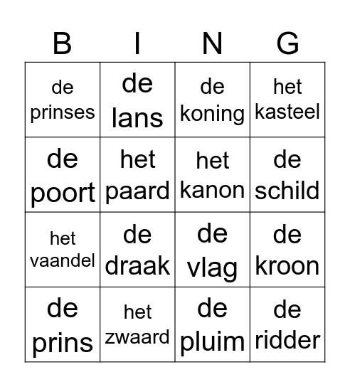 Ridders en Prinsessen Bingo Card