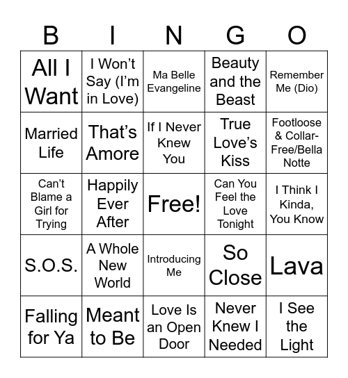 Disney Love Songs Bingo Card